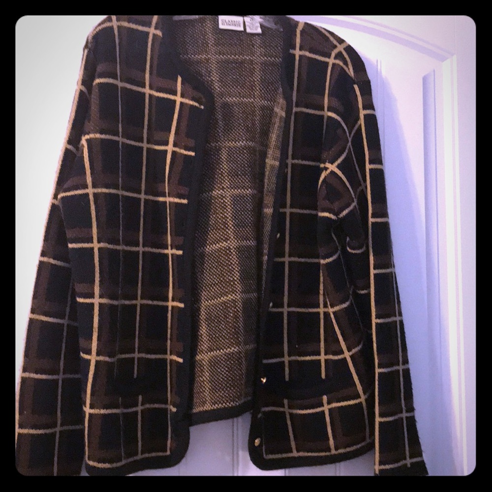 Black sweater with chocolate brown and cream lines